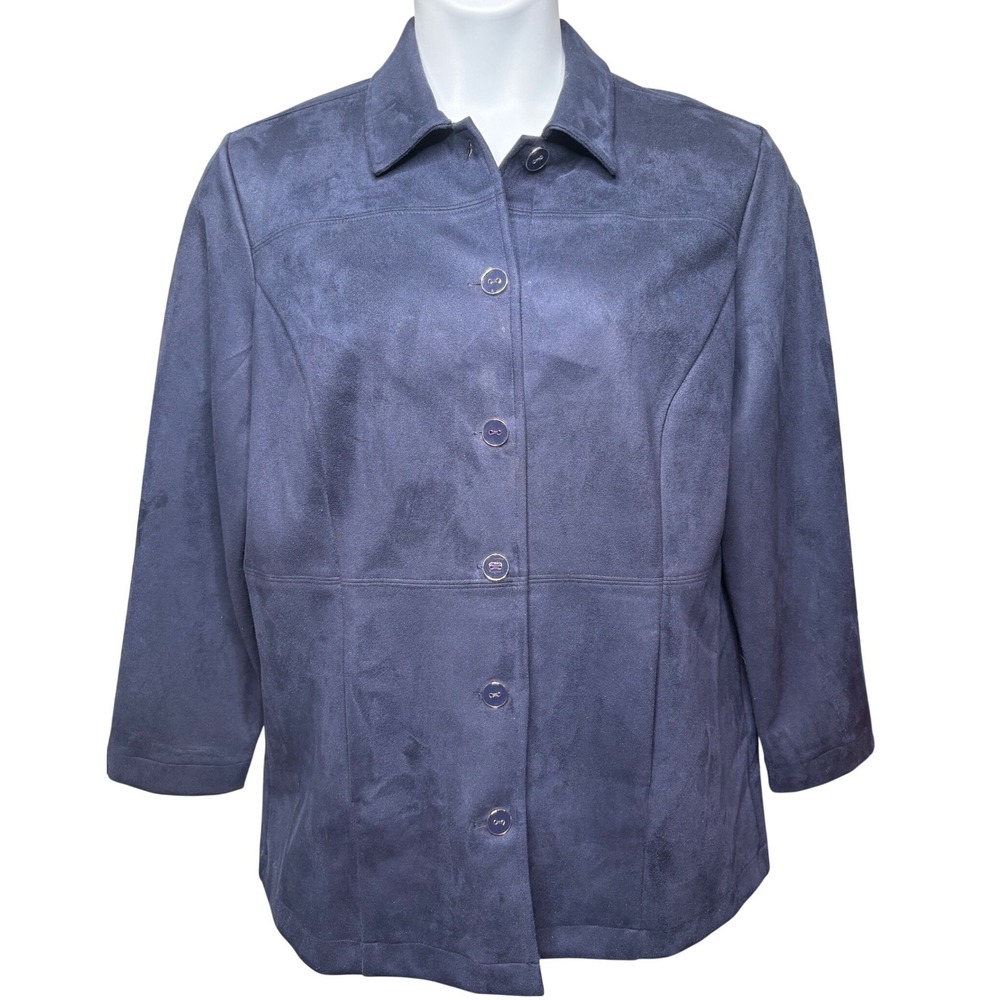CHICO'S Womens Navy Blue Faux Suede Button Front Jacket Sz 2/L Modern Office